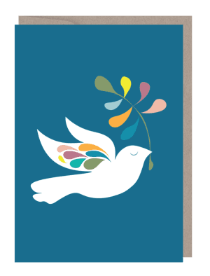 Peacewings eco greeting card with recycled envelope shows a dove with coloured leaves