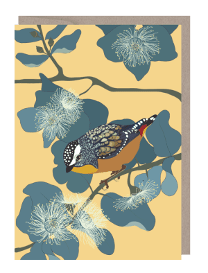 Pardalote with white gum blossoms, blue gum eco greeting card with Australian made recycled envelope