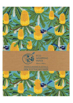 Fairy Bower Eco Wrapping Paper with fairy wrens and banksia serrata flowers