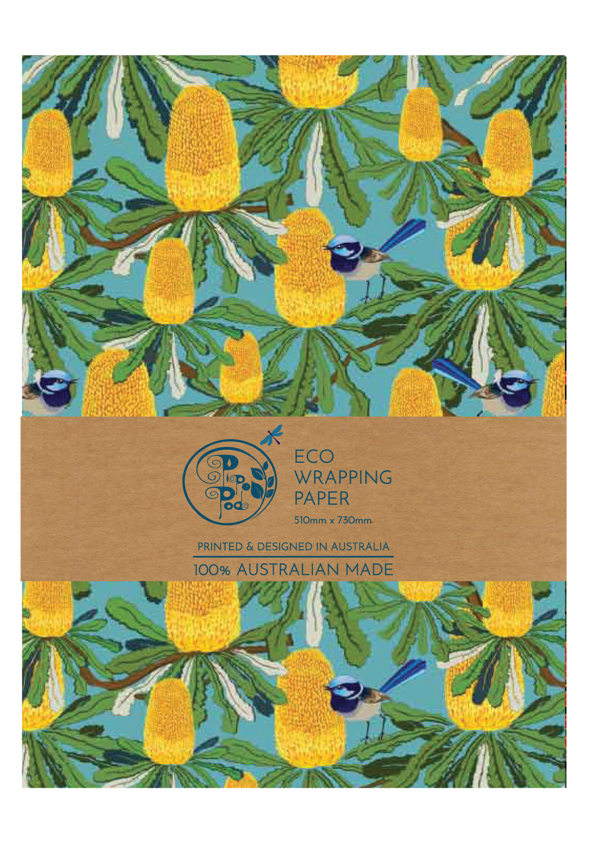 Fairy Bower Eco Wrapping Paper with fairy wrens and banksia serrata flowers