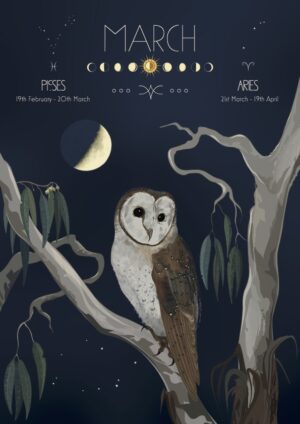 Moon Calendar 2026 March Masked owl and Manna gum