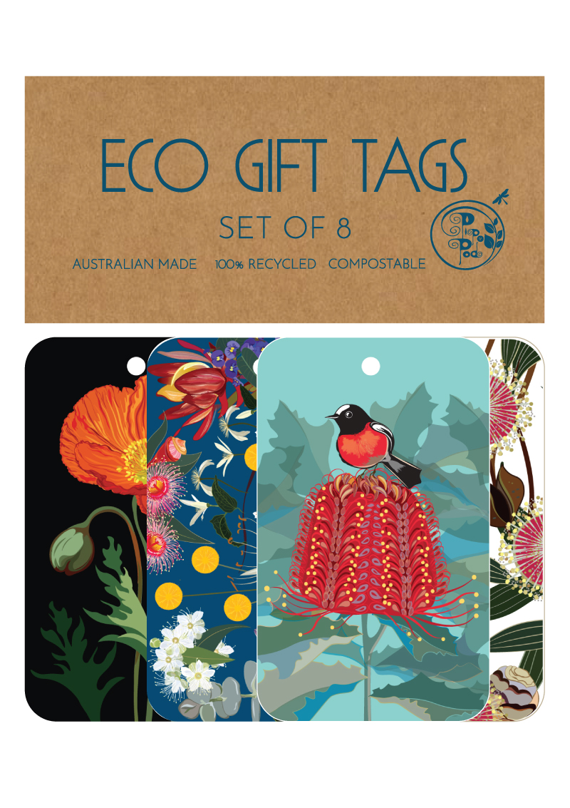 Set of 8 Eco Gift Tags with Wildflower Bloom, Scarlet Robin, Pretty Poppy and Hakea Bloom